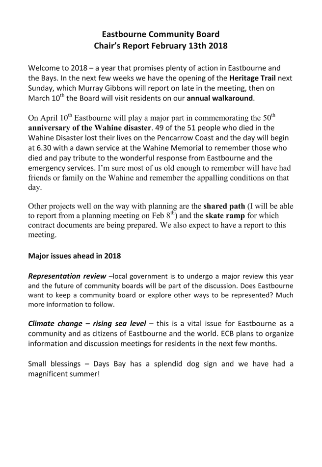 Agenda of Eastbourne Community Board - 13 February 2018
